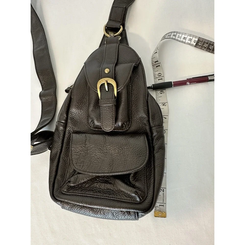 Black Leather Messenger Sling Bag with Gold Buckle